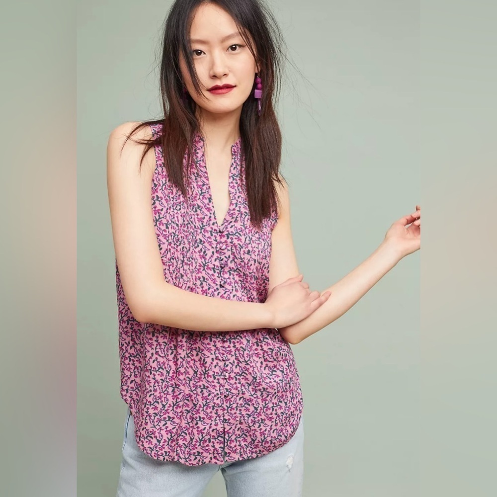 ANTHROPOLOGIE Maeve Petunia Pintucked Tank Pink Floral Button Down Size XS